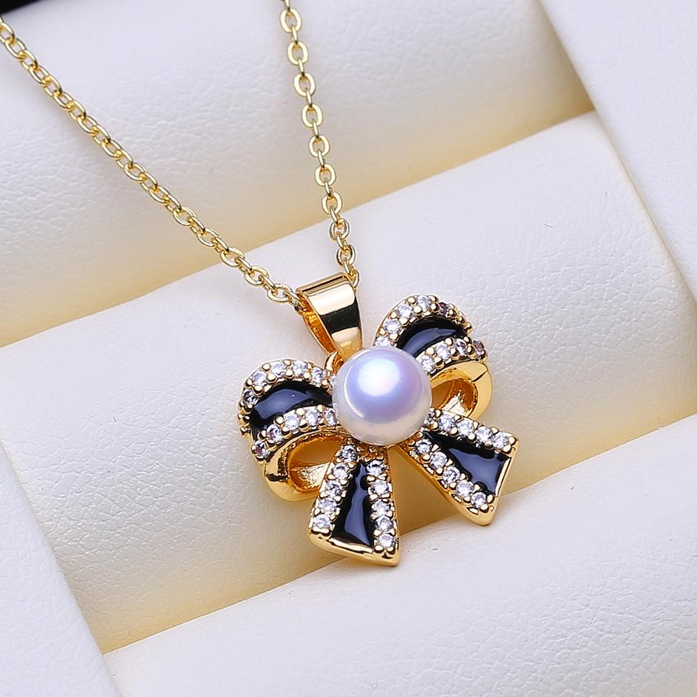 LSOOYH Collane di Gioielli con Perle d'Acqua Dolce Naturali per Donna Elegante Pendente Fiocco Colore Oro Regalo di Compleanno