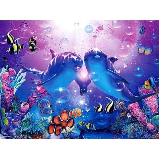 Animal Dolphins with Fish 5D Diy Diamond Painting Full Round Drill Mosaic Diamond Embroidery Rhinestones Home Decoration