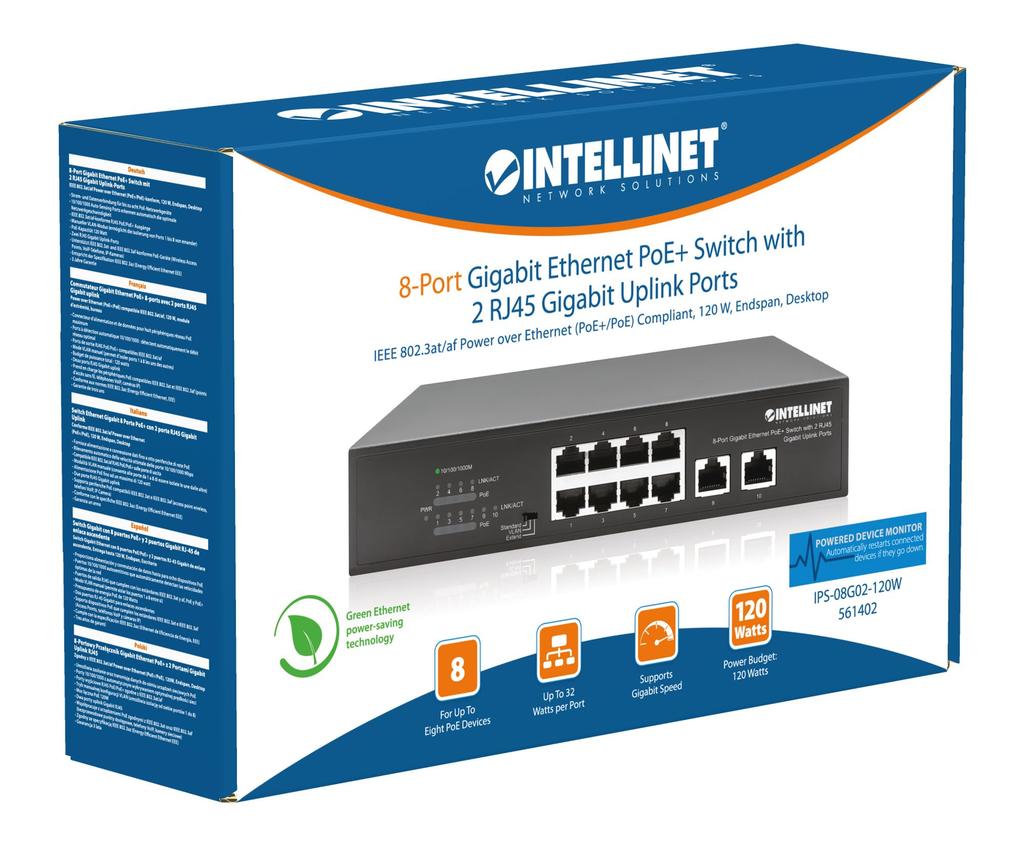 Intellinet Network Solutions Gigabit Ethernet Switch with 2 RJ45 Gigabit Uplink IEEE Power Over Ethernet 120 Desktop 8-Port PoE+ Ports, 802.3at/af