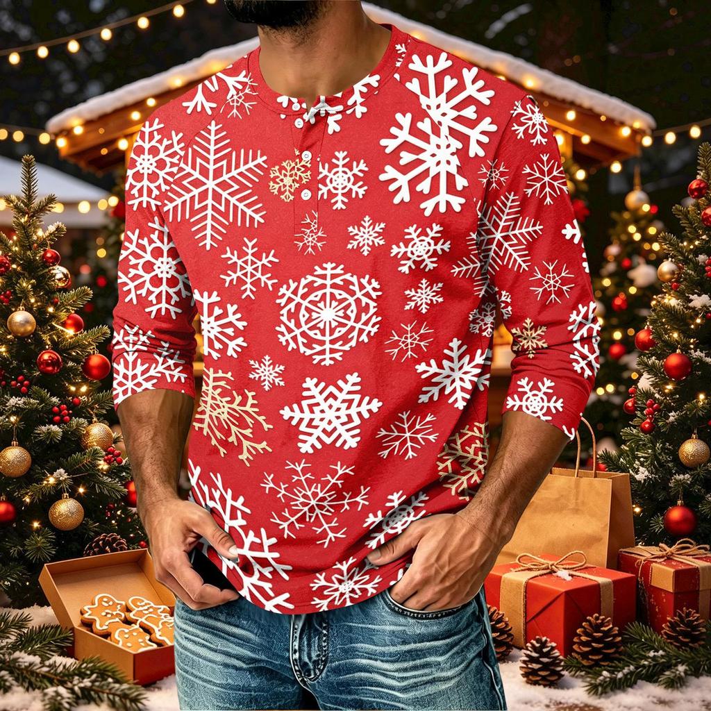 Men's Casual Shirt with Three-Quarter Raglan Sleeves Christmas Print