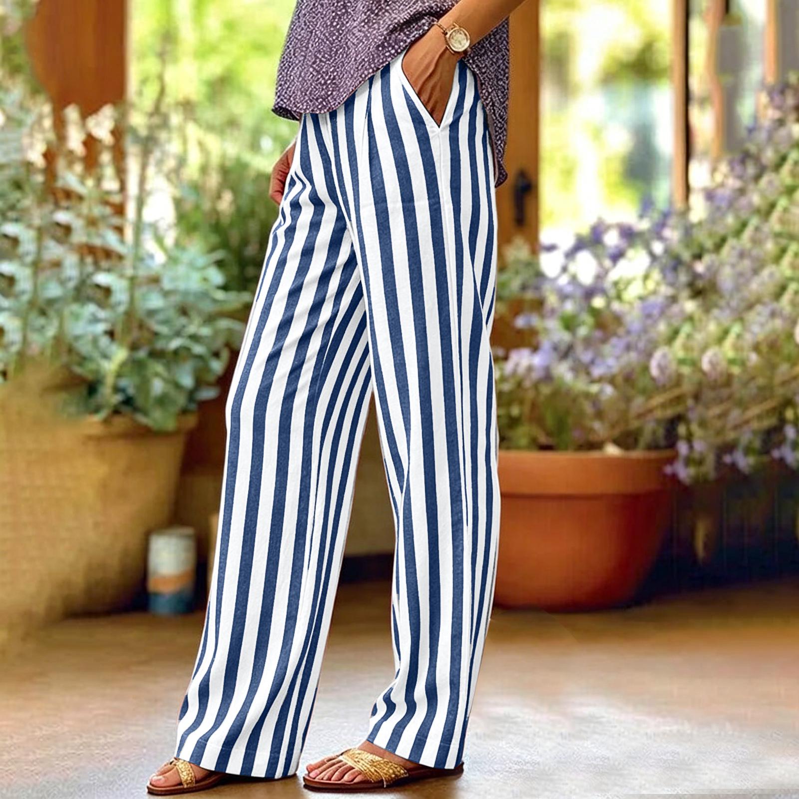 Ladies  Striped Casual And Fashionable Breathable Loose Cotton And Linen Pants L синий