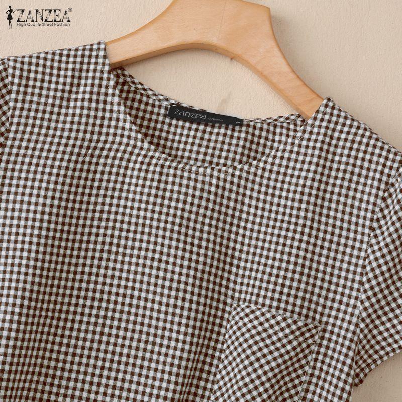 ZANZEA Women Grid Print Casual Round Neck Loose Short Sleeve Blouse