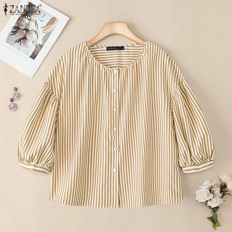 ZANZEA Women Casual Round Neck Loose Long Sleeve Stripe Blouse