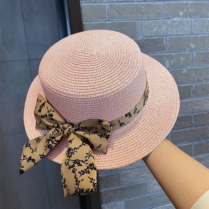 Bow Flat Top Top Hat UV Protection Versatile Casual Straw Hat Women's Summer Seaside Vacation Beach Hat