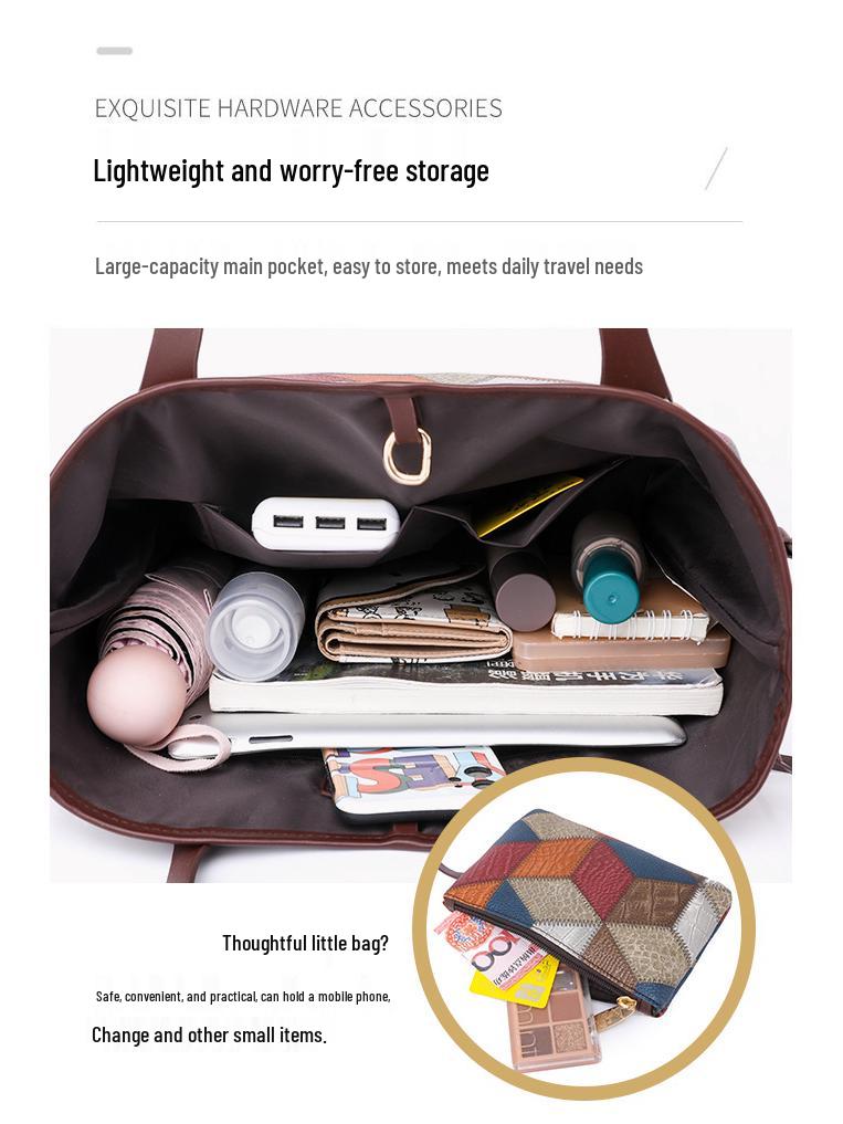 Cross-Border Patchwork Color-Block Tote: Large Capacity 3D Handbag for Moms