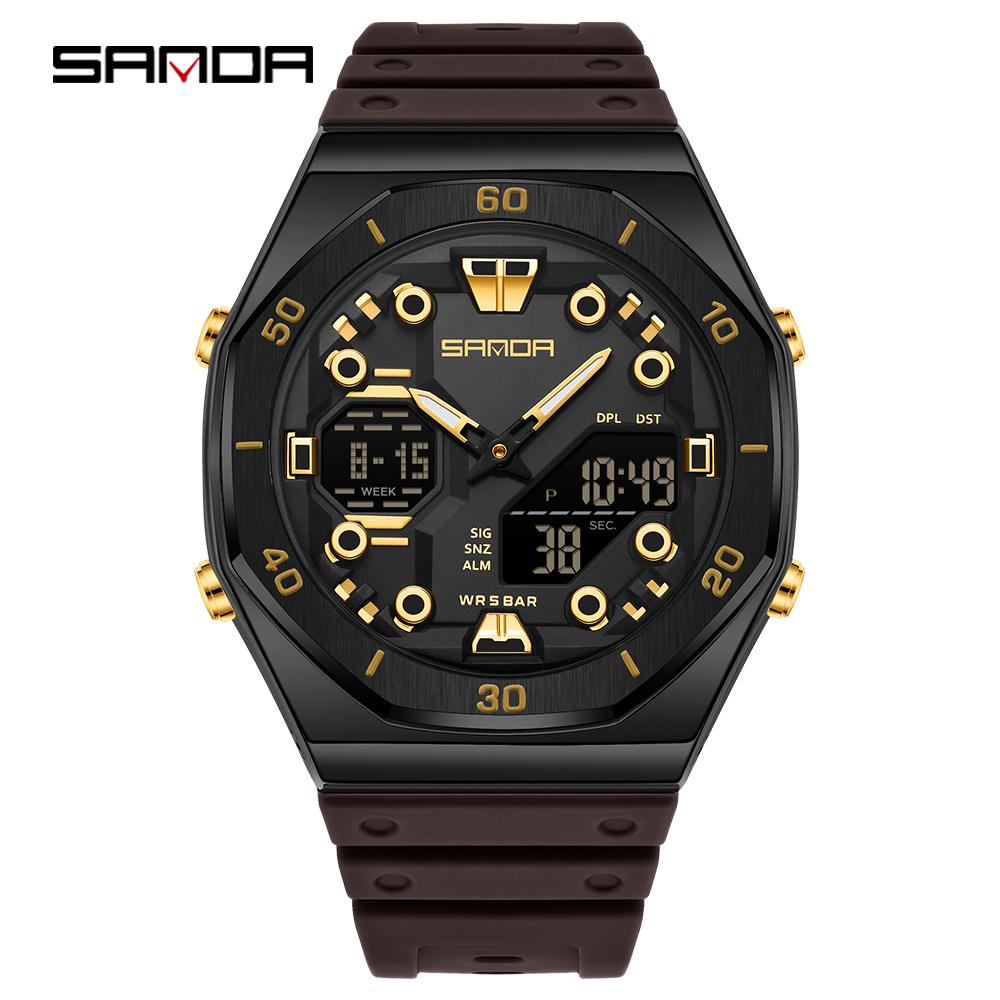SANDA 6306 Modische Herren-Elektronikuhr Dual-Anzeige Multifunktional Nachtlicht Wecker Wasserdicht Coole Unisex-Uhr