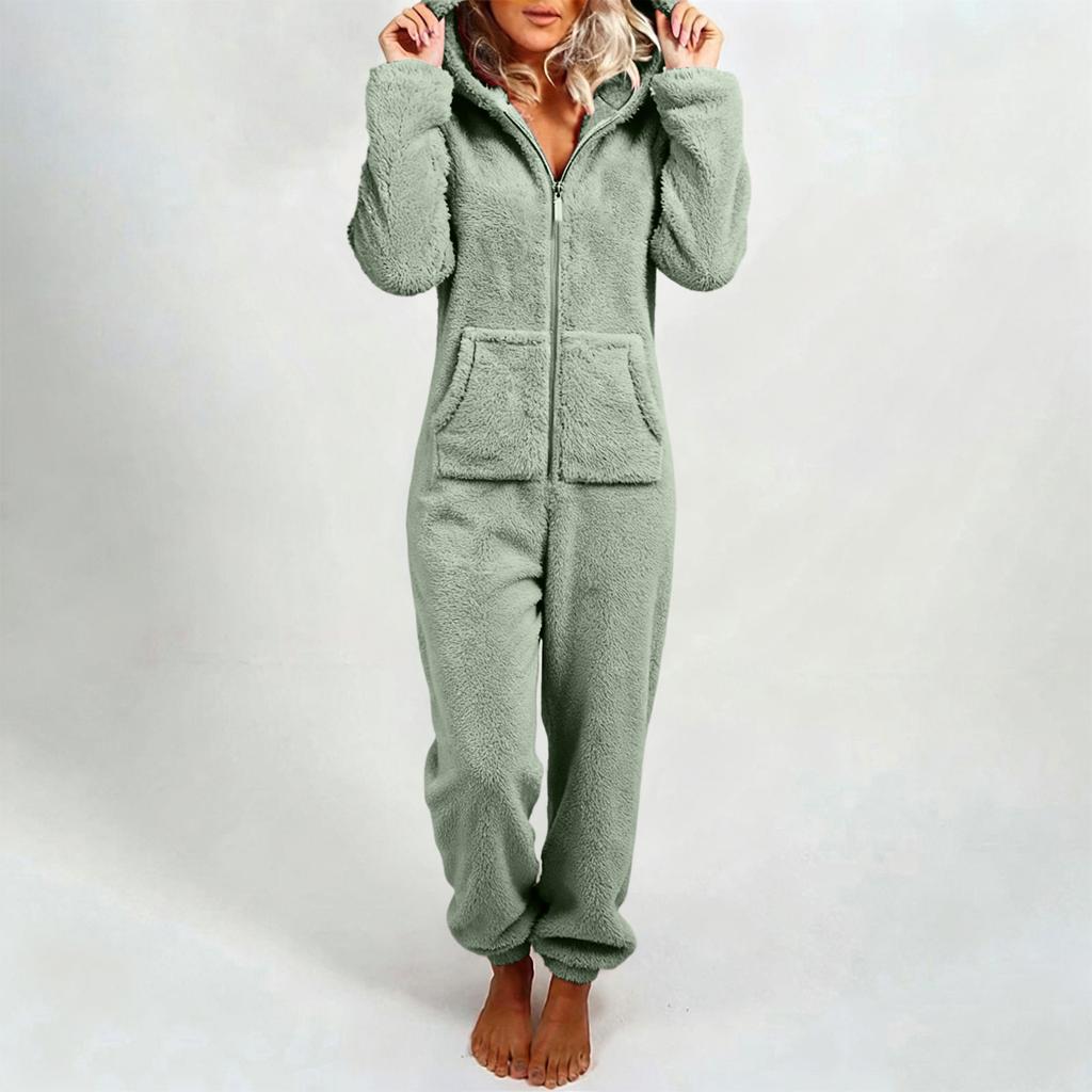 Women's Fashion Fleece-Lined Thickened Fleece Hooded Pyjamas With Zip-Up Onesie