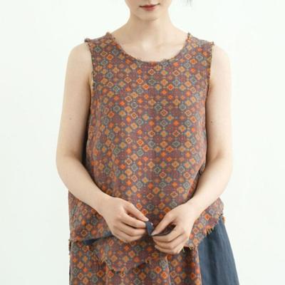 Women Vintage Print Floral Tank Tops O-Neck Sleeveless Summer Loose Women Tank
