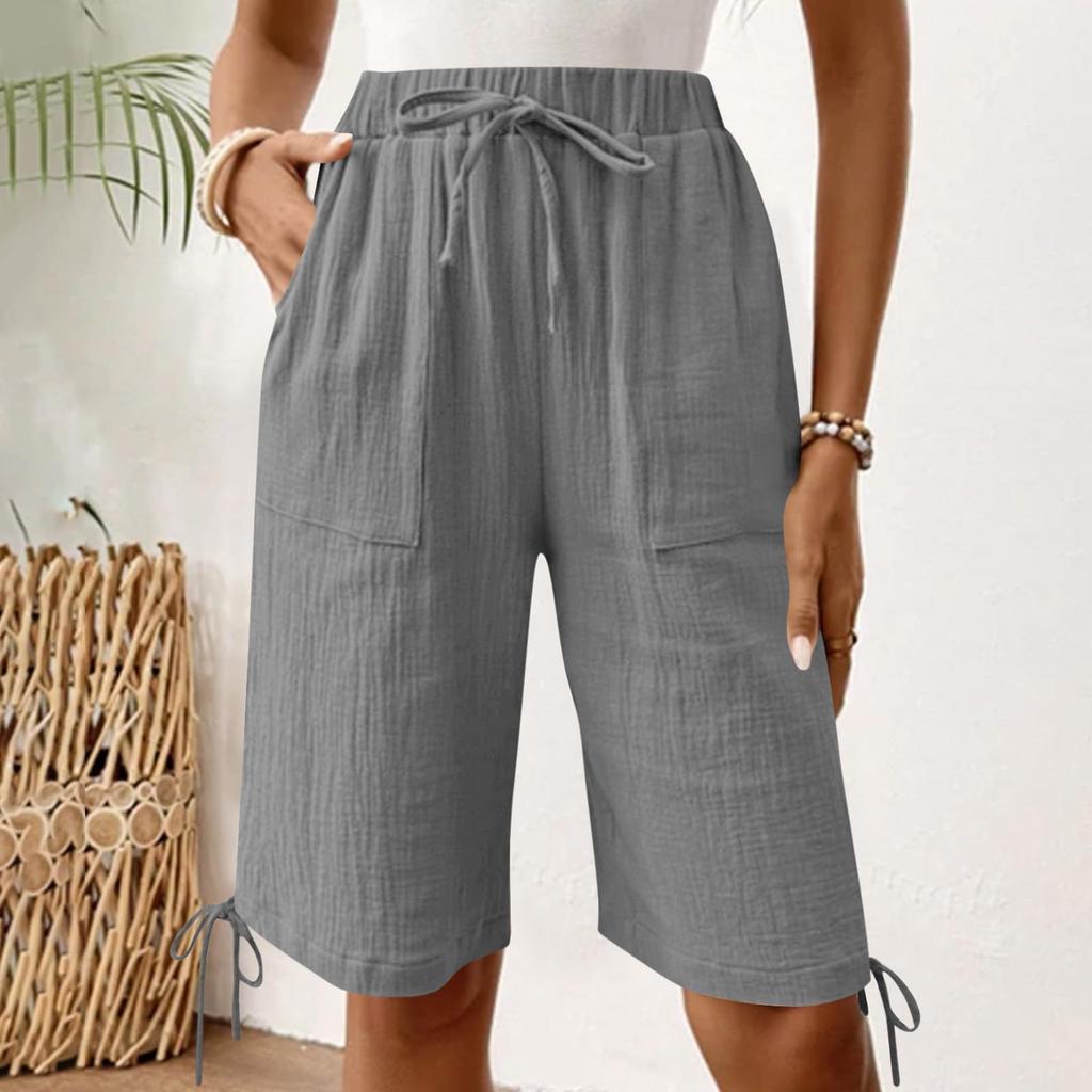 Women's Fashionable Color Elastic Waist Pocket Casual Loose Cotton And Linen Five Quarter Shorts