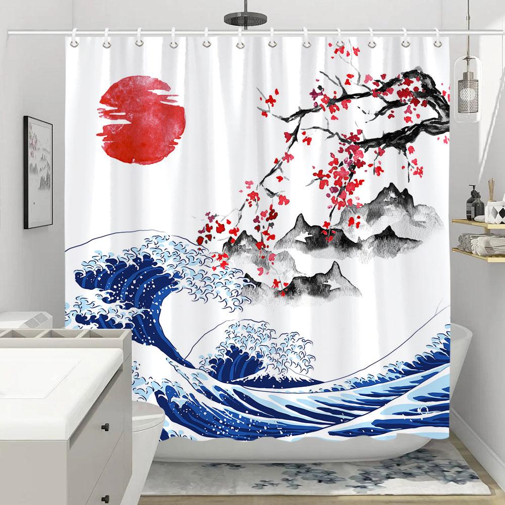 Shower Curtain Red Plum Blossom Branch Japanese Chinese Oriental Sun Misty Mountains Ink Nature Landscape Bathroom Curtains