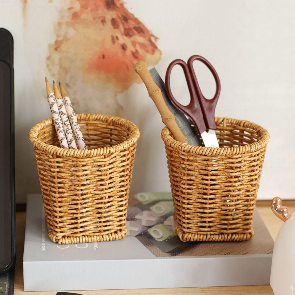 Rustic Style Imitation Rattan Storage Bucket Simple Plastic Pen Holder Household
