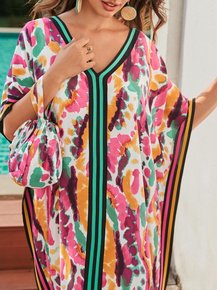 EDOLYNSA Plus Size Kaftan With Bag Bohemian Printed Summer Long Beach Dress Women Homewear Outfit Swim Suit Cover Up Loose Caftan