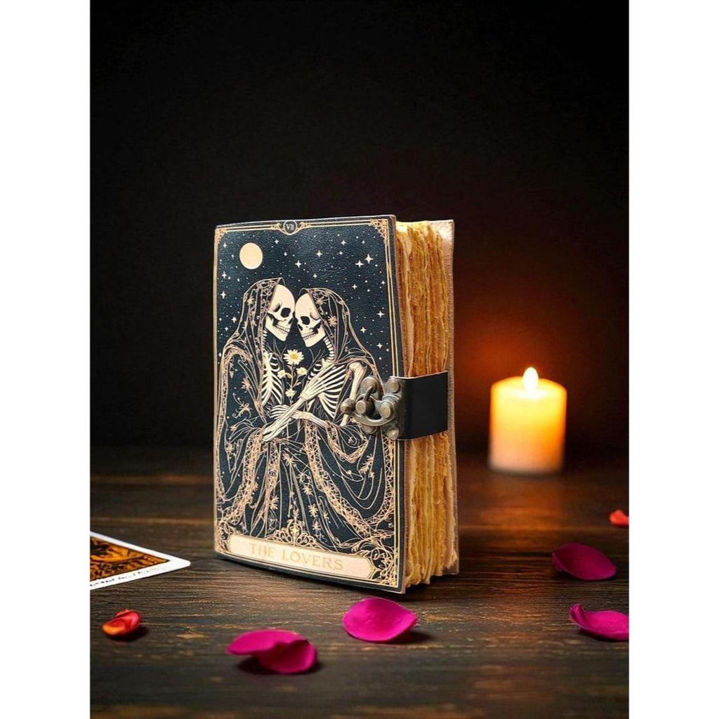 Book of Spells Grimoire Printed Journal The Lovers Tarot Notebook Spiral Gothic Notebook Skull lover Antique Journals gifts for men or women