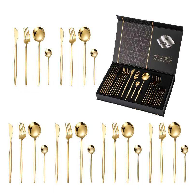 Set di posate da 24 pezzi in acciaio inossidabile con scatola regalo nera per ristoranti portoghesi - Include forchette e cucchiai