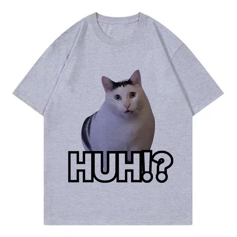 Retro Cat Saying Huh Meme T Shirts Unisex Women Cat Tshirt Aesthetics Round Neck Short Sleeve Trendy Tee Shirt Streetwear Tops