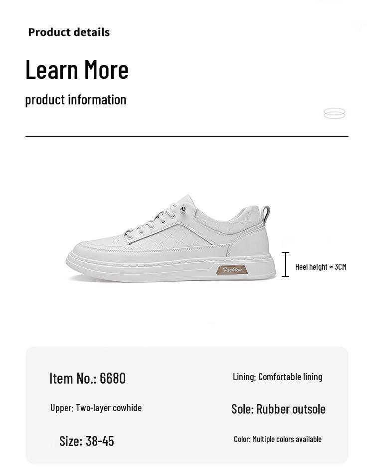 Men's Genuine Leather Slip-On Casual White Board Shoes, Size 45, Trendy No-Tie Design for Spring and Autumn