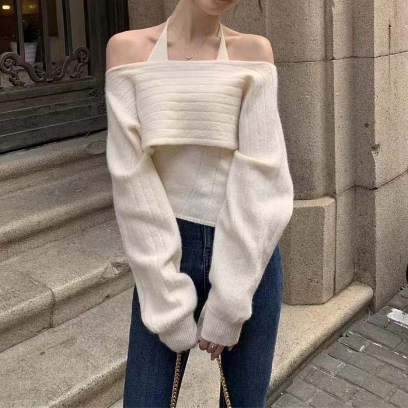 Design sense one-word neck sweater women's two-piece set autumn and winter new sexy off-the-shoulder temperament knitted sweater women