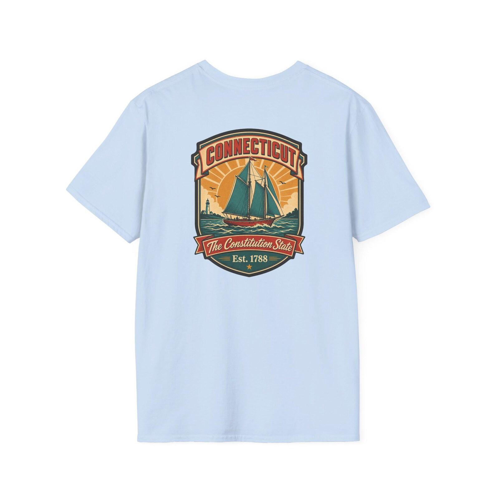 Connecticut Retro Travel Badge T-Shirt | Vintage Mid-Century Sailboat Tee | CT Constitution State Souvenir Gift XL