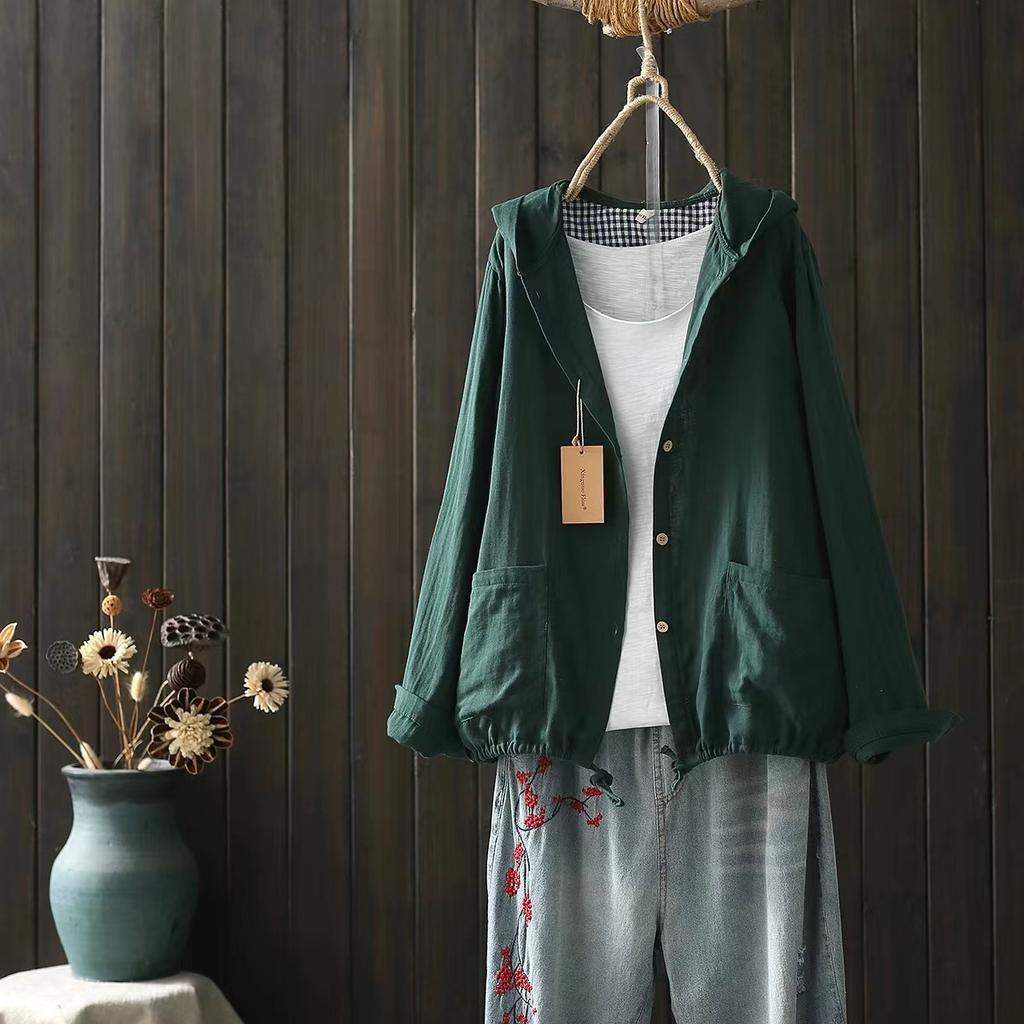 Cotton Yarn Shirts Large Size Tops Women Japan Style Hooded Long Sleeve Shirts and Blouses Loose Hoodies Outwear