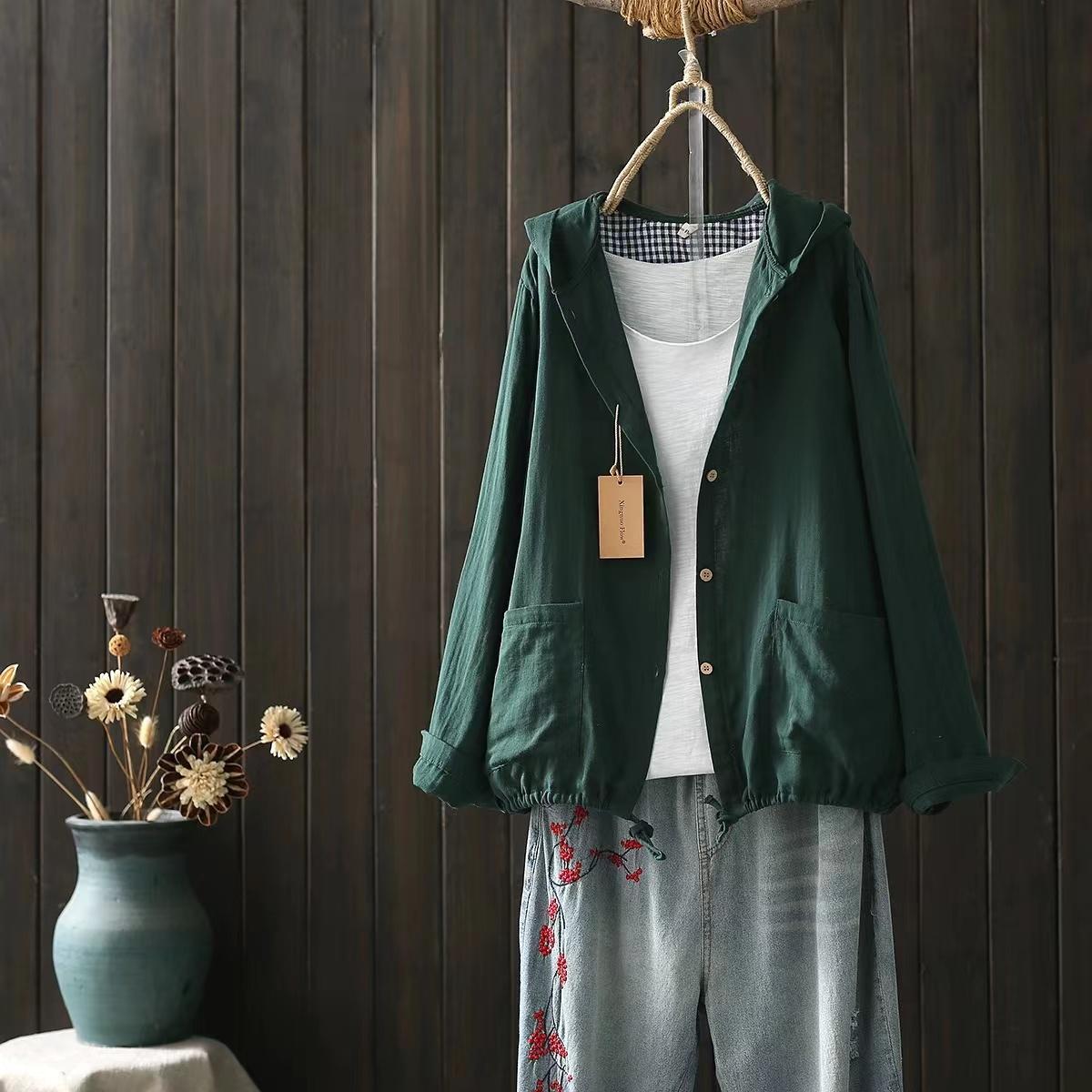 

Cotton Yarn Shirts Large Size Tops Women Japan Style Hooded Long Sleeve Shirts and Blouses Loose Hoodies Outwear One Size