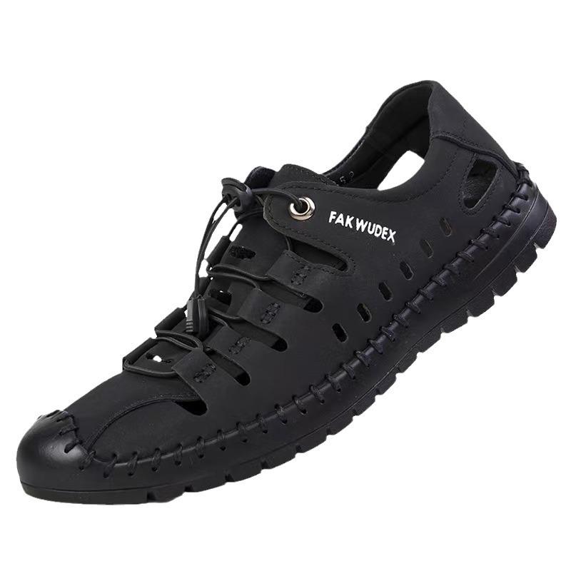 New Men's Sandals Hole Shoes Summer Cowhide Hollow Comfortable Breathable Shoes Men's Shoes