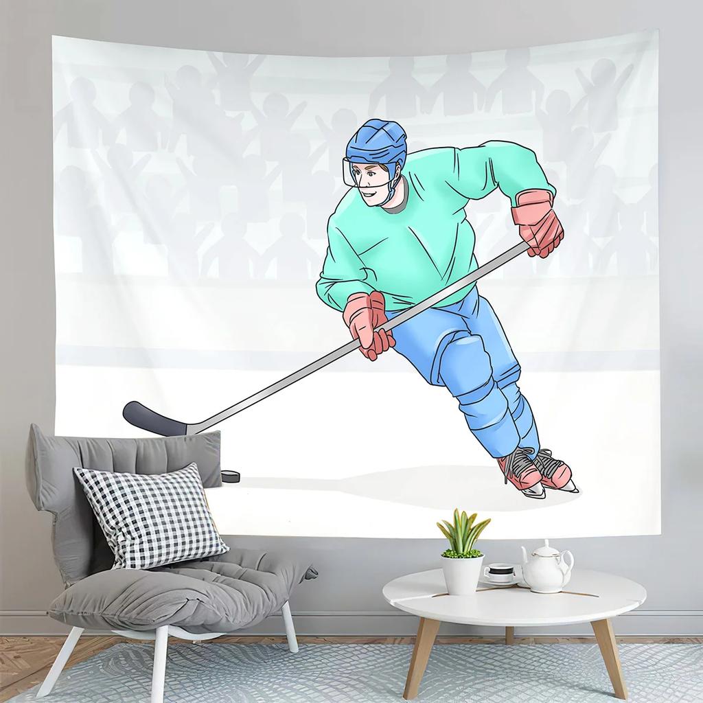 Ice Hockey Player and Puck Tapestry Modern Sport Illustration Tapestry Aesthetic Home Decor Tapestry for Living Room Bedroom