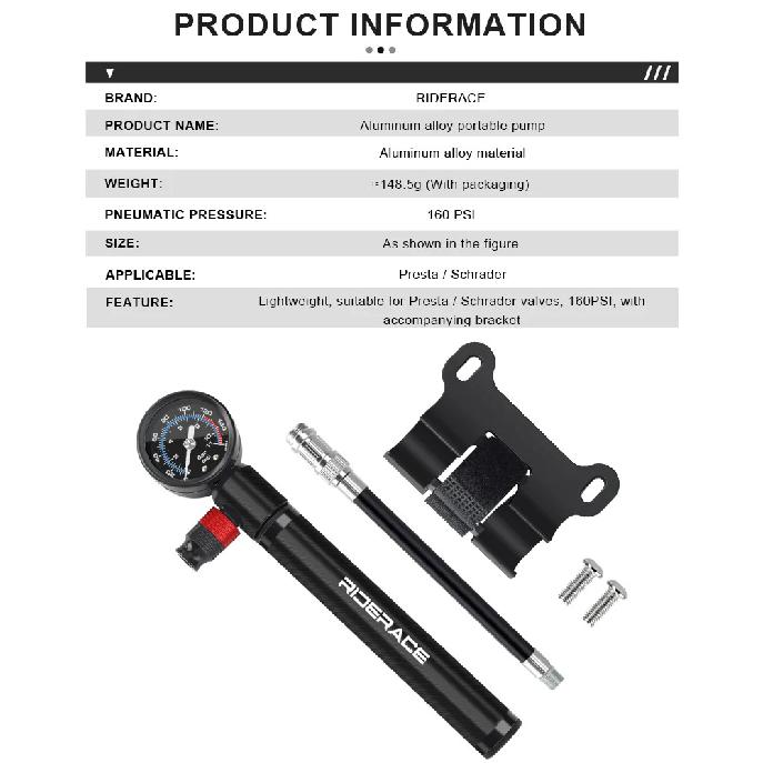 RIDERACE Bicycle Pump With Gauge Portable Aluminum Alloy Hand Tire Air Inflator Bike Air Shock Pump AV FV Presta Schrader Valve