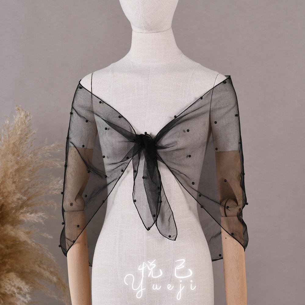Pearl Scattered Sheer Tulle Bolero Shrug, Front Tie Bow Short Mesh Capelet Wrap for Wedding Bridal Sling Evening Dress L чёрный