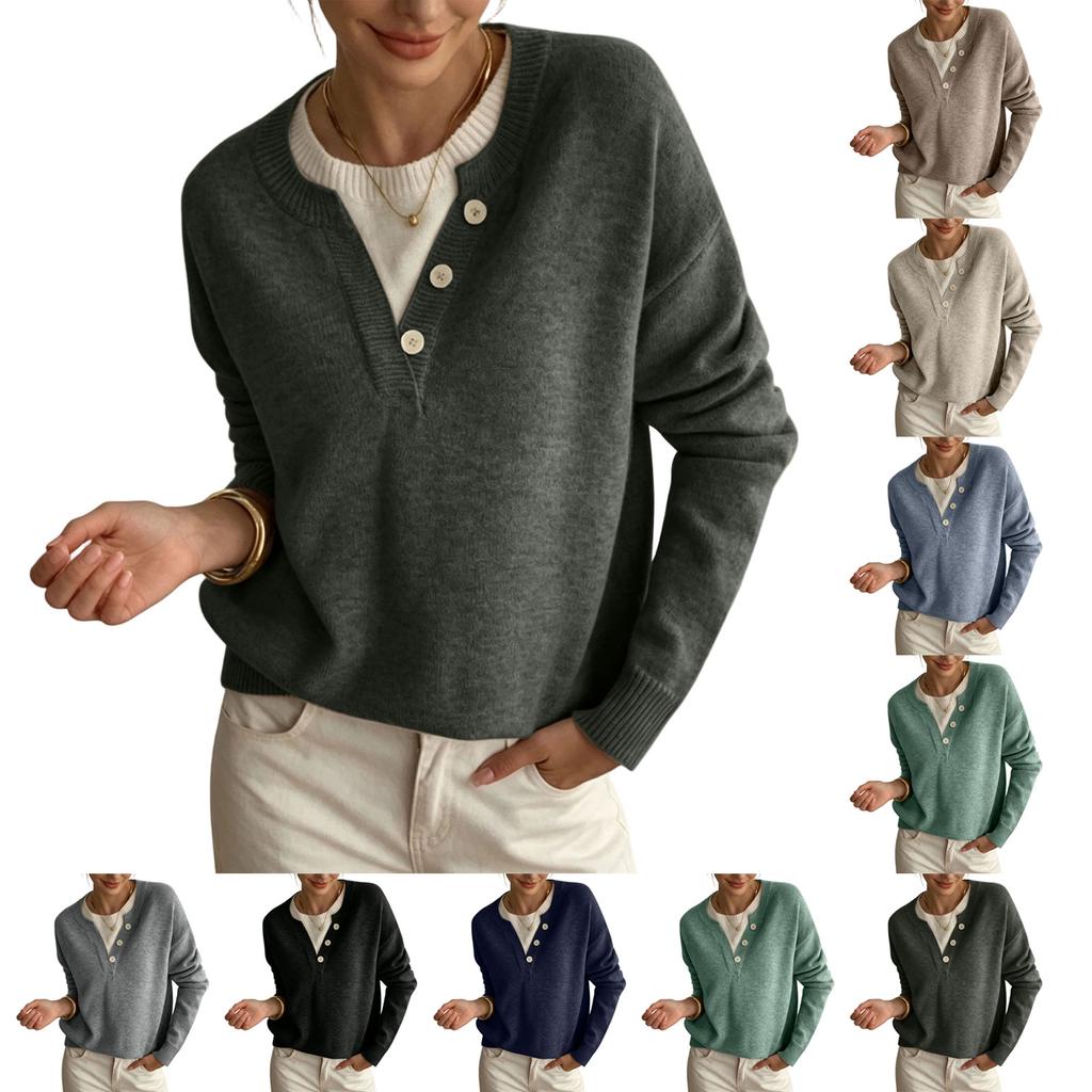 Women's V-Neck Knit Sweater with Button Placket