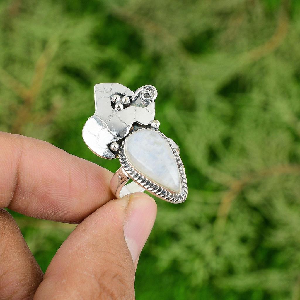 Rainbow Moonstone Gemstone Sterling Silver Bezel Statement Birthday Ring US 7.75