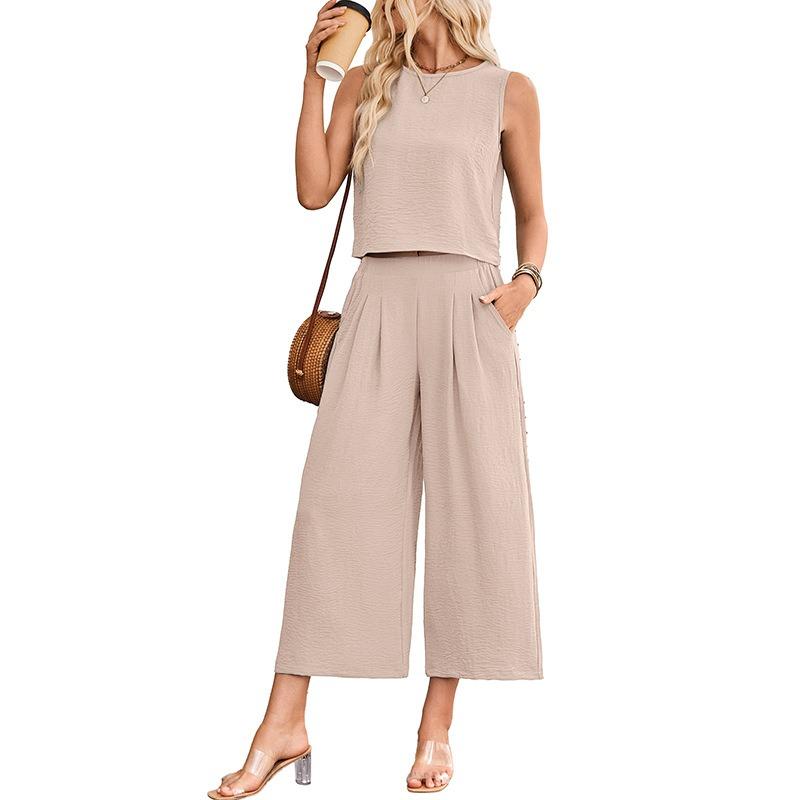 Women Summer Casual Sleeveless Vest Wide Leg Cropped Pants Two Piece Set
