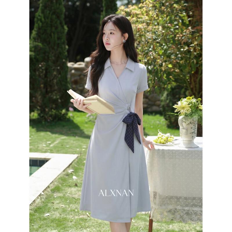 Elegant Blue Lapel Waist-Cinching Midi Dress S