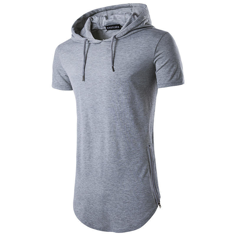 Men's T-shirt Hooded Zipper Decoration Medium Long Round Neck Base T-shirt