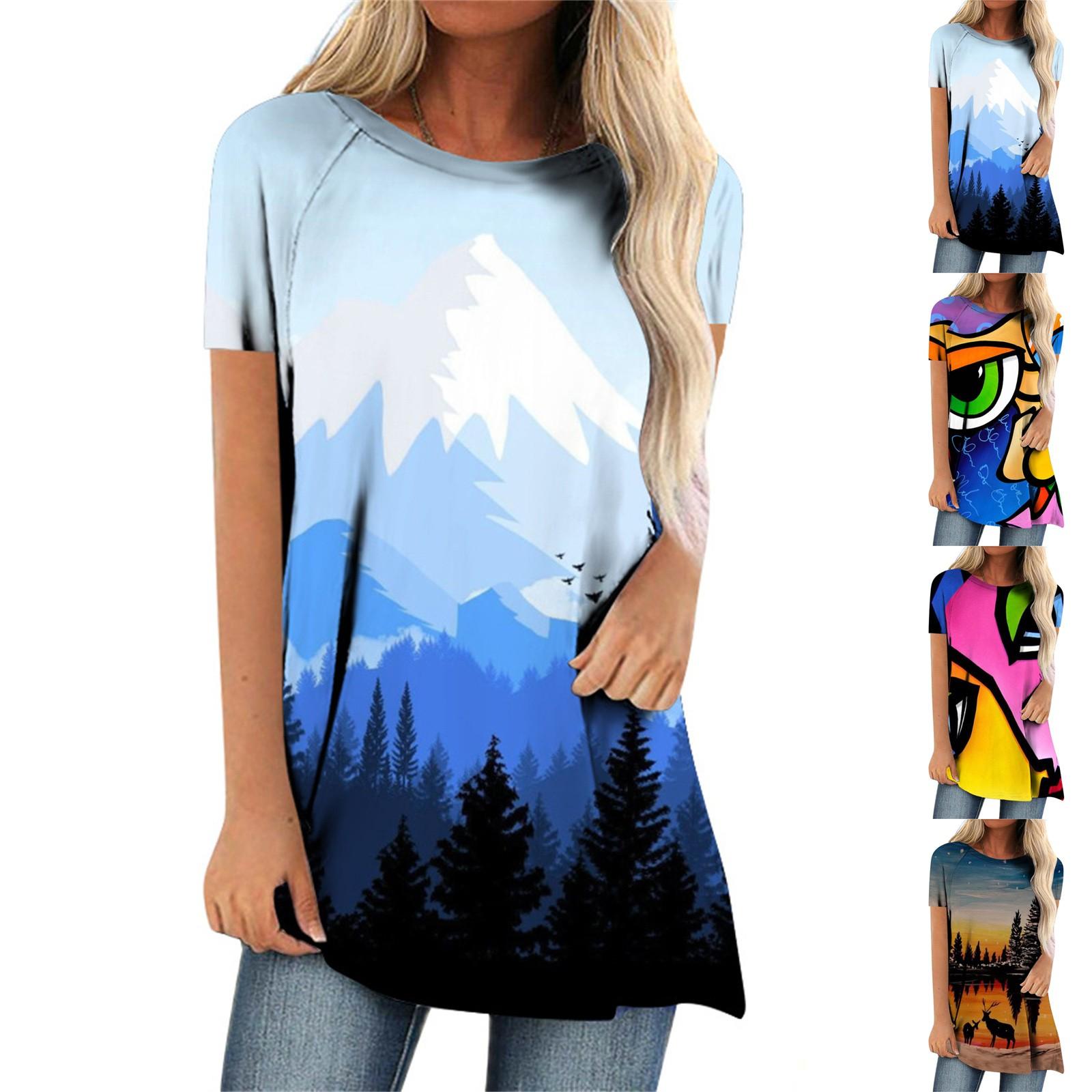 

Женская мода, повседневная блузка с коротким рукавом и круглым вырезом, пуловер с принтом