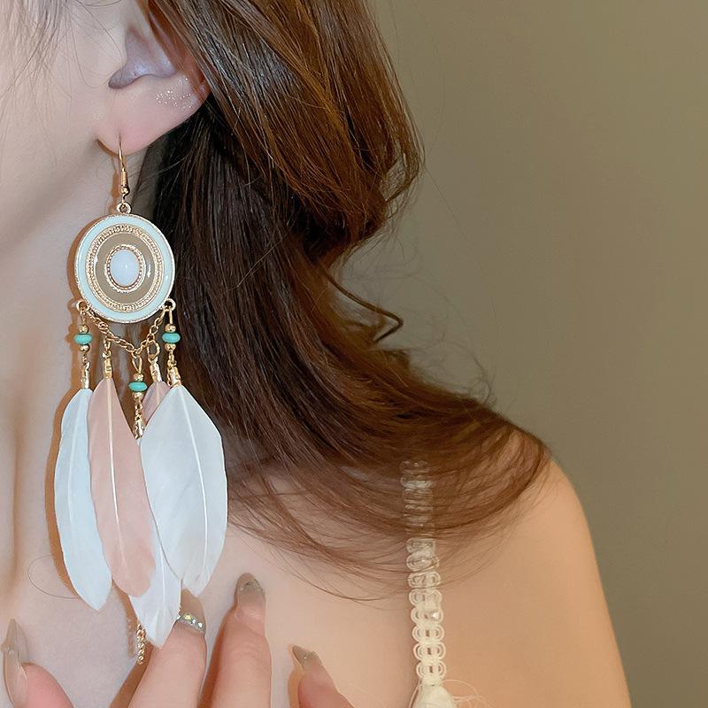 Bohemian Tassel Chain Feather Earrings for Women Unique Long Oval Drop Glaze Handmade Dangle Earring Pendiente Mujer Accessories