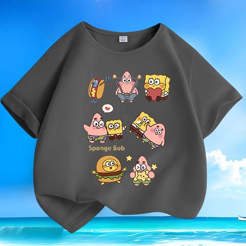 Summer Pure Cotton Qversion Cute Spongebob Squarepants New Printed Round Neck Loose Casual Top For Boys And Girls