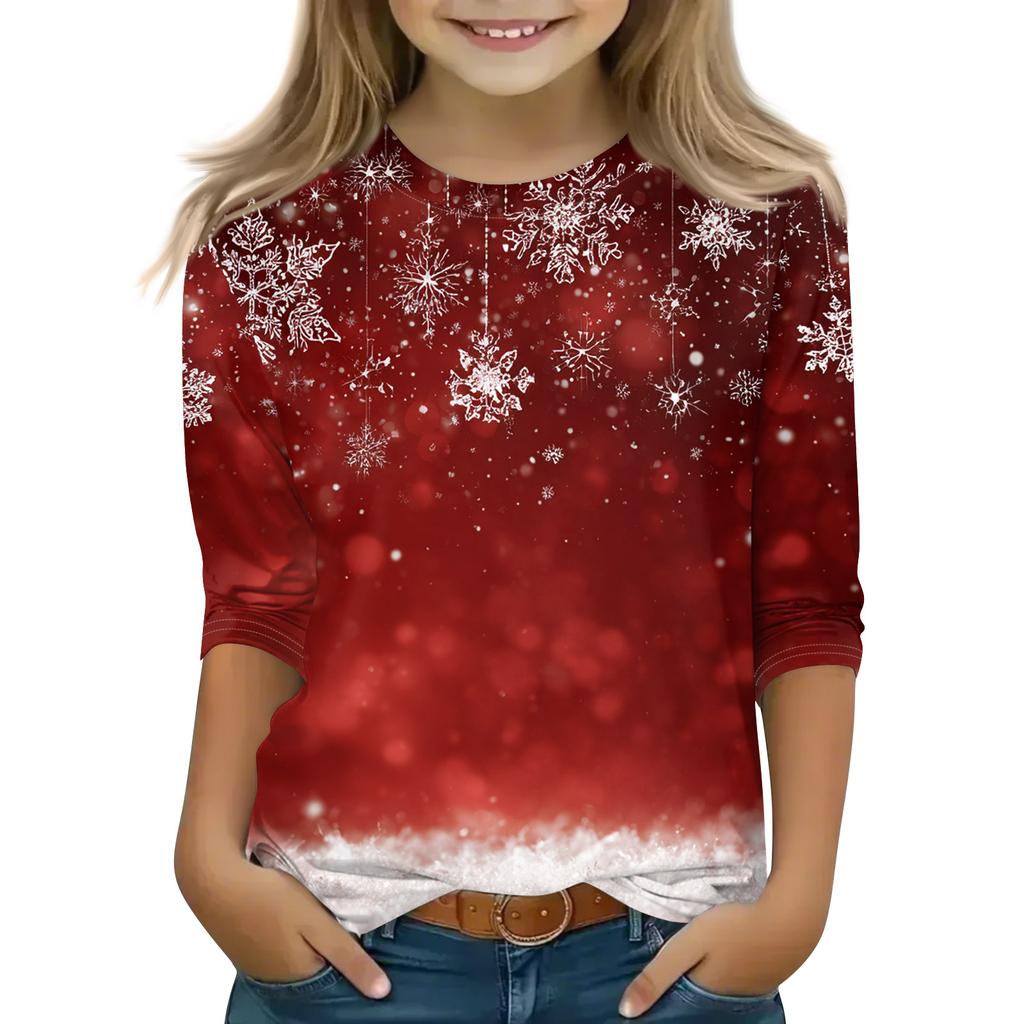 Christmas Day Print Tops For Youth Girls 4-11 Years Round Neck 3/4 Sleeves T-Shirts Trendy Tops Outfit Tees