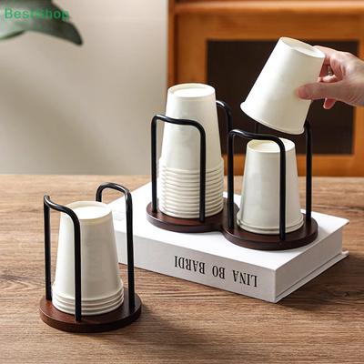 Paper Cup Holder,Wooden Base Metal Frame Storage Rack For Disposable Cups Desktop Coffee Table Storage Shelf Tea Mug Organizer
