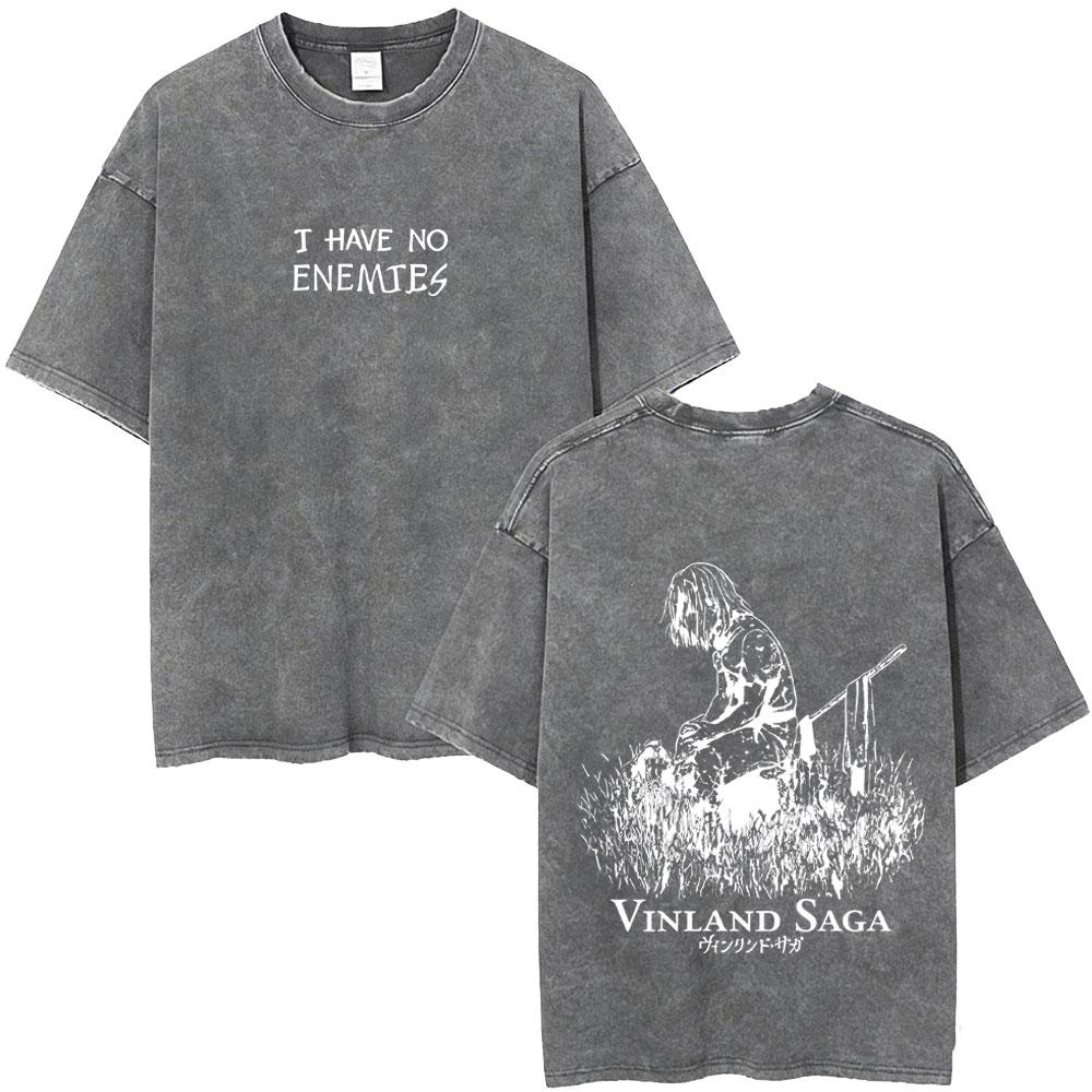 Anime Vinland Saga Thorfinn I Have No Enemies Vintage Washed T Shirt Mens Women Manga Casual Oversized Tshirts Male Streetwear