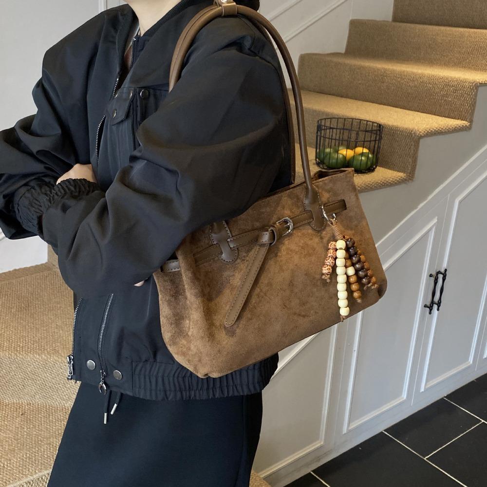 Vintage Solid Color Imitation Suede Women Shoulder Bag Pendant Buckle Decoration Large Capacity for Outings Commuting Stylish