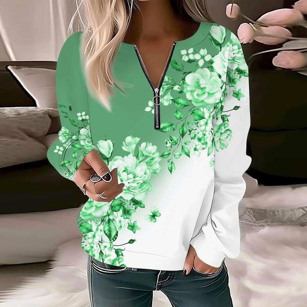 Women Sweatshirt Pullover Basic Quarter Zipper Long Sleeve Print Flowers Hoodie Casual Top