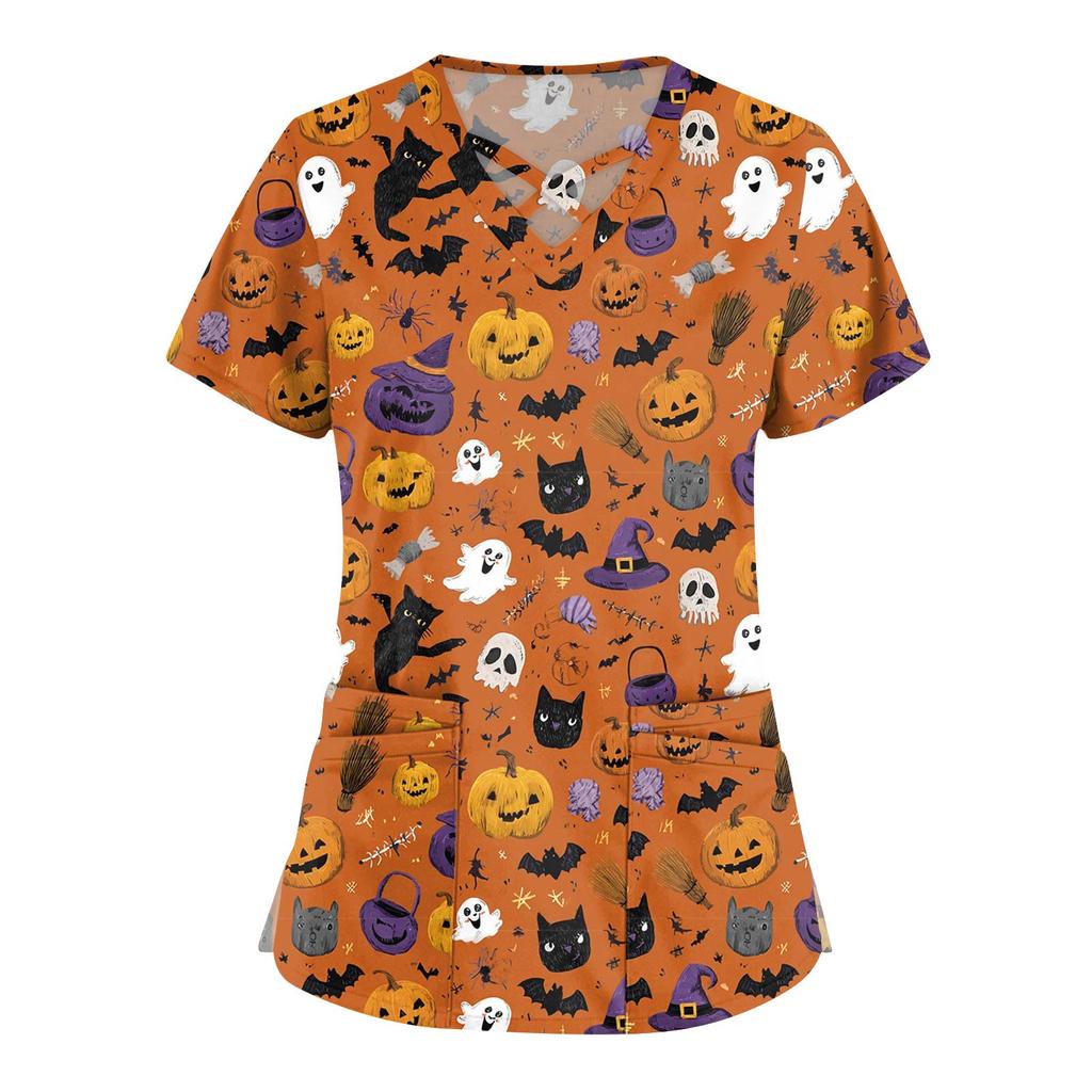 Dámská móda Overaly s výstřihem do V a krátkým rukávem Top s potiskem Halloweenu Oblečení