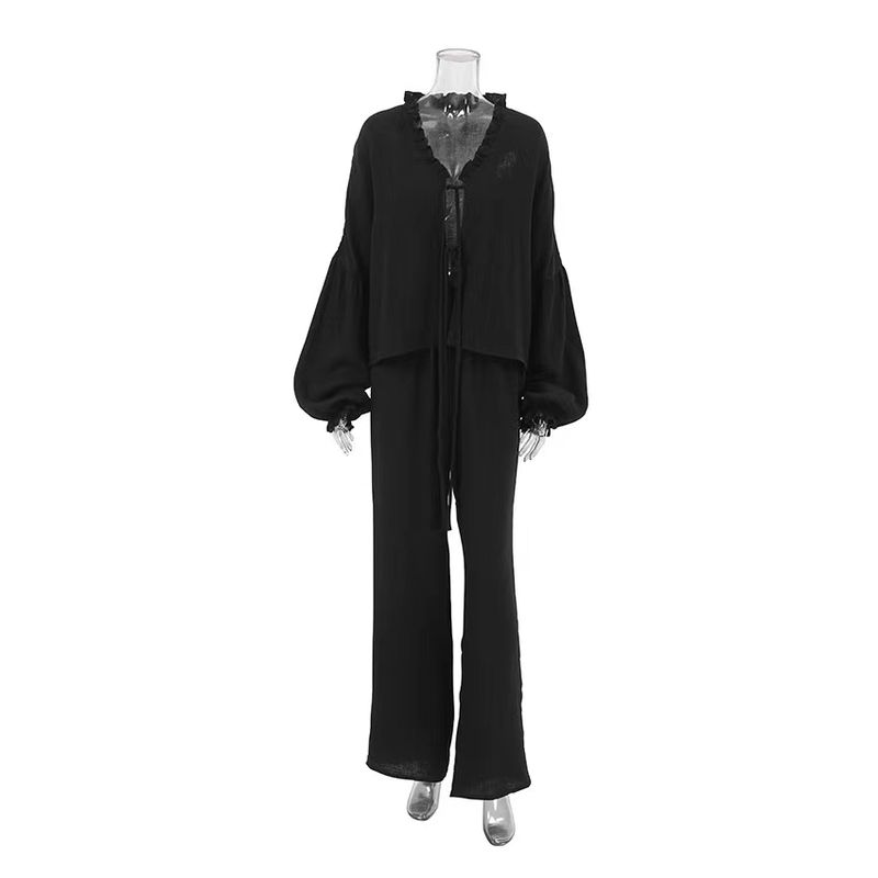

Fashion Wind New Arrival Loose Long Sleeves Shoelace Top and Trousers Two-piece Set Loose Top and Pants Set Black L