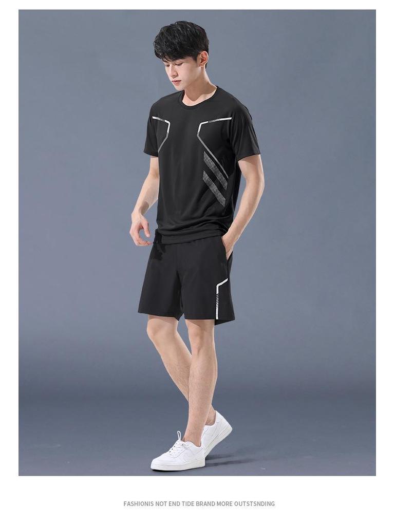 Men's Quick-Dry Ice Silk Sportswear Set - Short Sleeve T-Shirt & Shorts for Running, Summer Fitness, and Football Training.