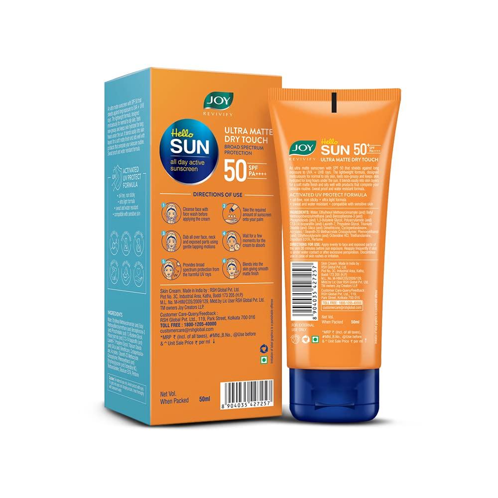 JOY Hello Sun Ultra Matte Sunscreen SPF 50 PA++++ 50 Ml | Ultra Light Broad Spectrum Sunblock With Tan Control & Water Resistant Face Protection