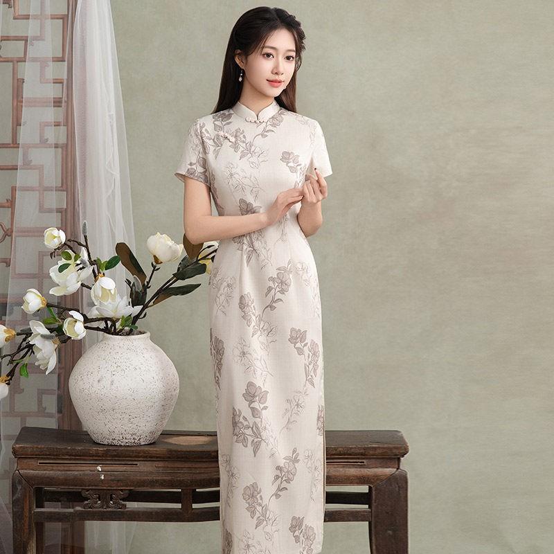 Womens Modern Chinese-Inspired Long Cheongsam Dress 2026 Retro Slim Fit Short Sleeve With Stand Collar Side Slit