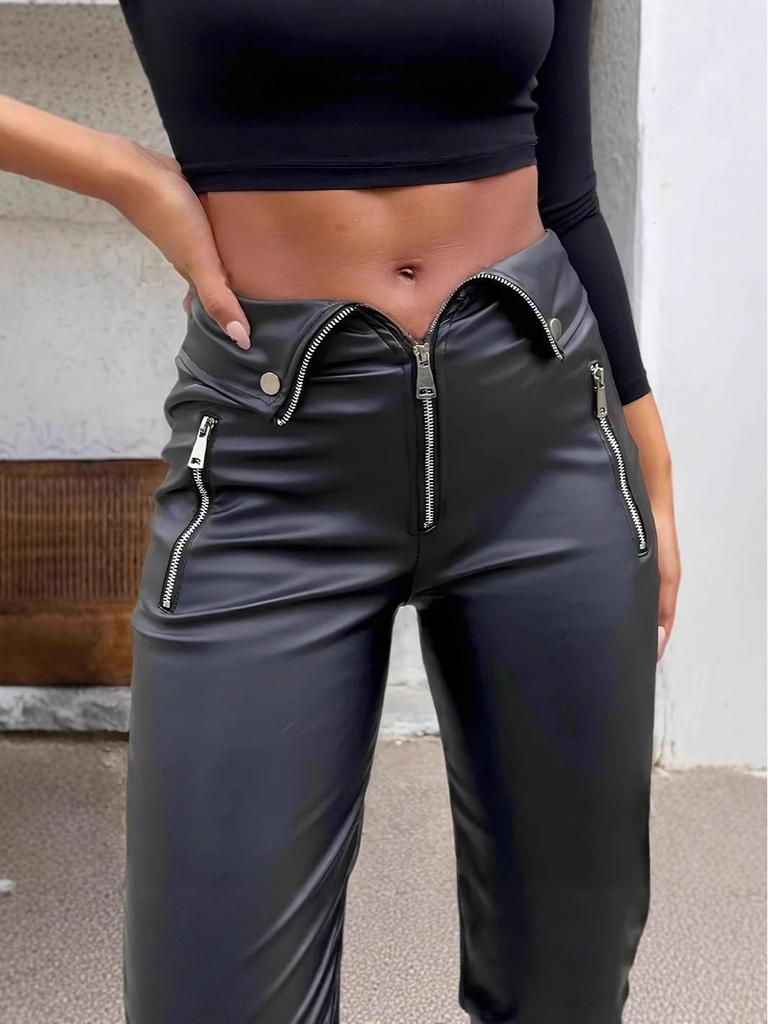 Women's High Waist PU Leather Nightclub Pants with Metal Zipper - INS Style, Winter Straight Leg Design