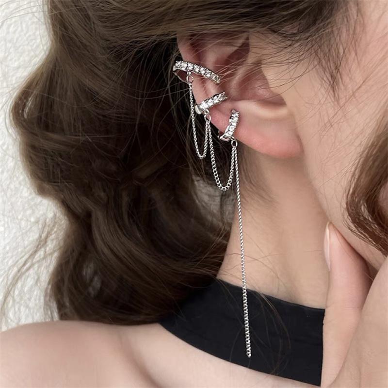 1Pair Long Tassel  Non-Piercing Cuff Ear Clip Earring For Women Shiny  Chain Fake Cartilage Piercing Jewelry