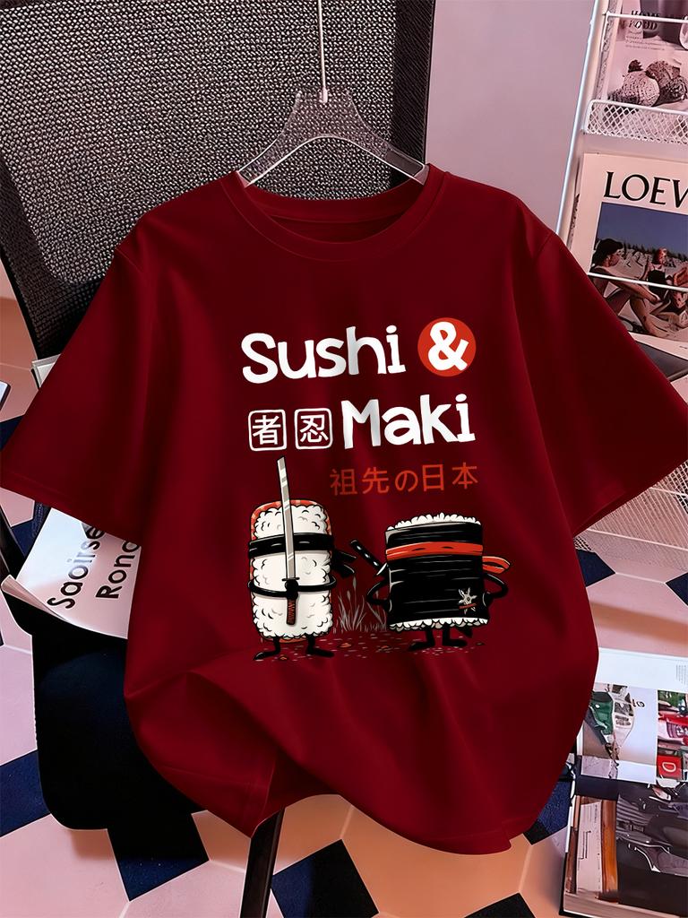 Japanese Sushi Maki Printing TShirts Womens Cotton Summer Short Sleeve Tops Soft Loose ONeck T Shirt Casual Womans Clothes
