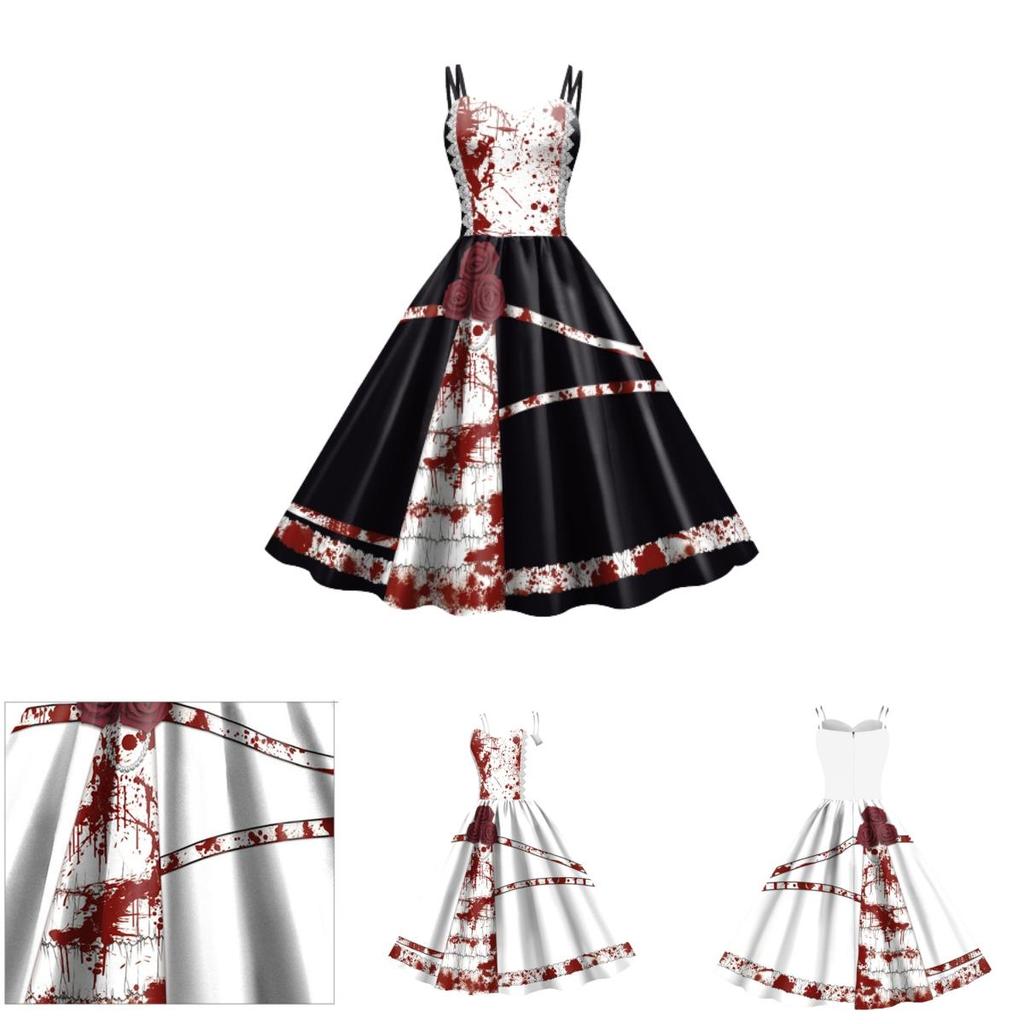 Jialin Halloween Dress For Women Scary Printed Sleeveless Costume Dress Summer)